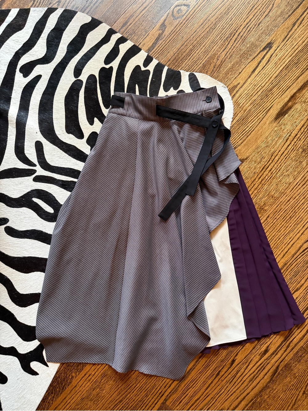 Asymmetrical Wrap Skirt with Purple Pleated Panel